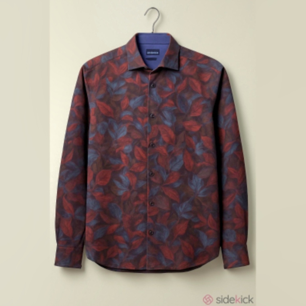 Bugatchi Red and Blue Leaf Pattern Casual Button Down Shirt